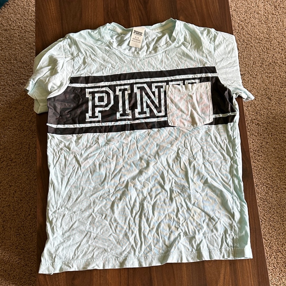 PINK Victoria's Secret Men's Light Blue Tee with Black Accents